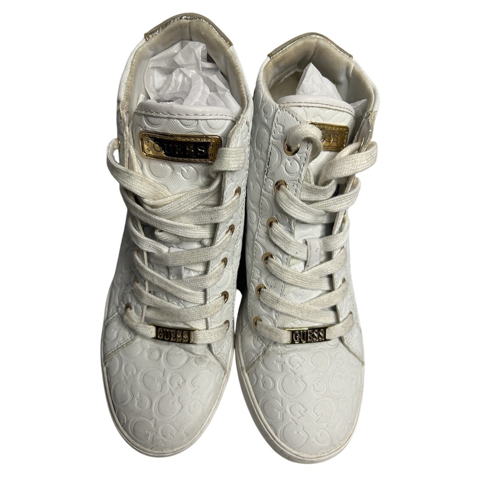 Guess Women's White Embossed Logo High Top Wedge Heel Fashion Sneakers